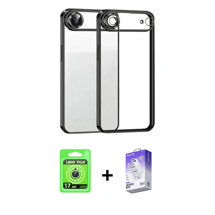 MARSİLYAN™- iPhone 17 Air Kılıf Vadi Minimal - Siyah Bilvis 5in1 3D Magic Cam Ekran Koruyucu + Raze Metal Kamera Lens - GS