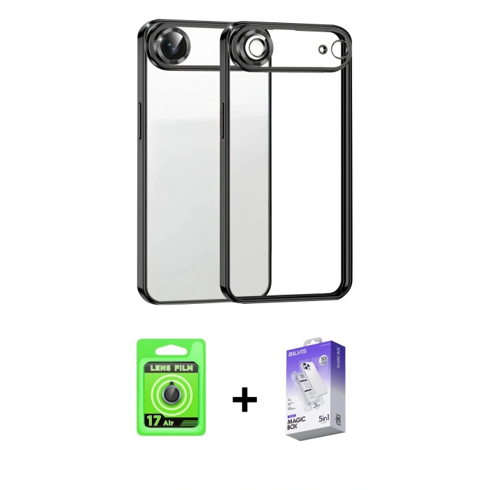 MARSİLYAN™- iPhone 17 Air Kılıf Vadi Minimal - Siyah Bilvis 5in1 3D Magic Cam Ekran Koruyucu + Raze Metal Kamera Lens - MI