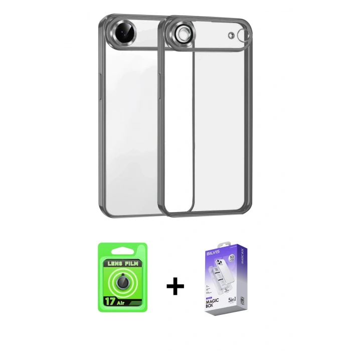 MARSİLYAN™- iPhone 17 Air Kılıf Vadi Minimal - Siyah Bilvis 5in1 3D Magic Cam Ekran Koruyucu + Raze Metal Kamera Lens - MI