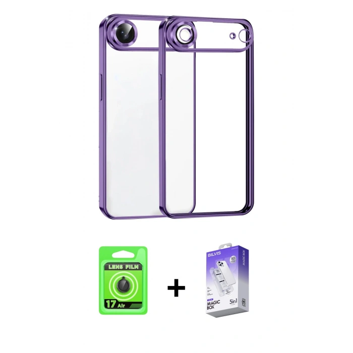 MARSİLYAN™- iPhone 17 Air Kılıf Vadi Minimal - Siyah Bilvis 5in1 3D Magic Cam Ekran Koruyucu + Raze Metal Kamera Lens - SH