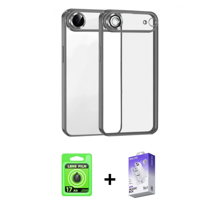 MARSİLYAN™- iPhone 17 Air Kılıf Vadi Minimal - Siyah Bilvis 5in1 3D Magic Cam Ekran Koruyucu + Raze Metal Kamera Lens - SH