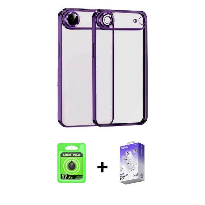 MARSİLYAN™- iPhone 17 Air Kılıf Vadi Minimal - Siyah Bilvis 5in1 3D Magic Cam Ekran Koruyucu + Raze Metal Kamera Lens - SH