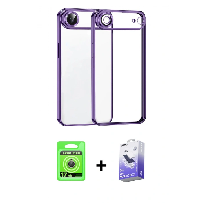 MARSİLYAN™- iPhone 17 Air Kılıf Vadi Minimal - Siyah Bilvis 5in1 5D Magic Hayalet Cam Ekran Koruyucu + Raze Metal Kamera Lens - GD