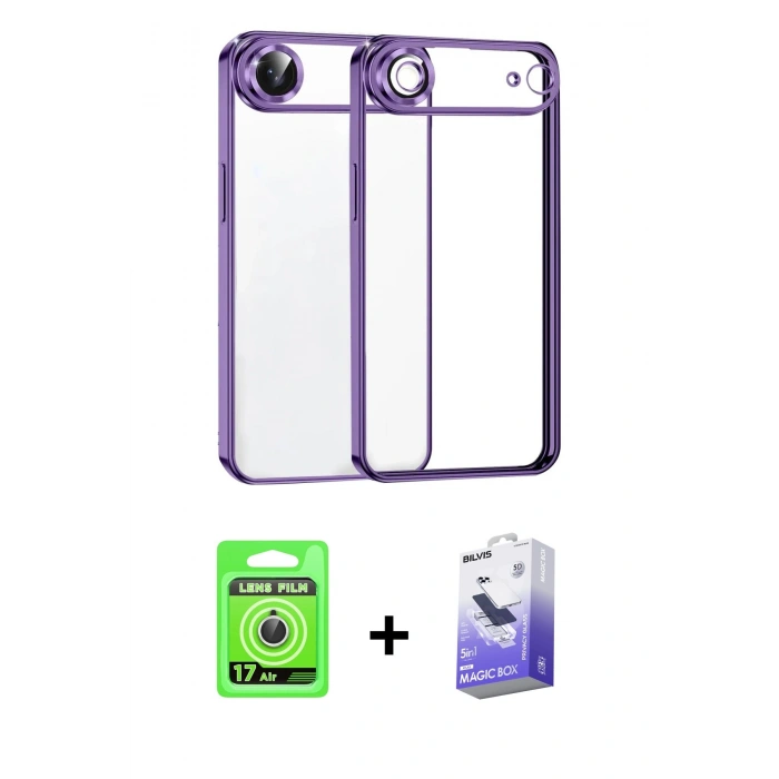 MARSİLYAN™- iPhone 17 Air Kılıf Vadi Minimal - Siyah Bilvis 5in1 5D Magic Hayalet Cam Ekran Koruyucu + Raze Metal Kamera Lens - GS