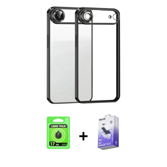 MARSİLYAN™- iPhone 17 Air Kılıf Vadi Minimal - Siyah Bilvis 5in1 5D Magic Hayalet Cam Ekran Koruyucu + Raze Metal Kamera Lens - SH