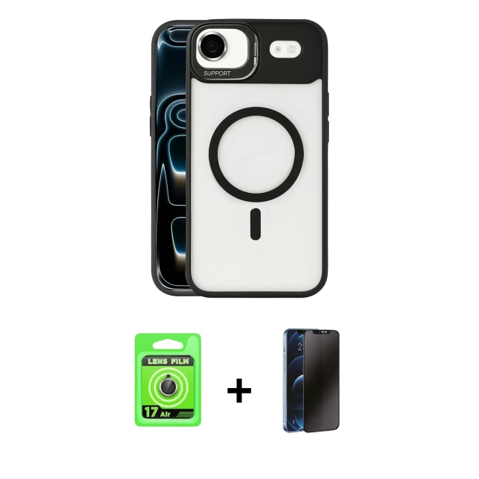 MARSİLYAN™- iPhone 17 Air Kılıf Yadigar Asil Koleksiyonu - Siyah 3D Antistatik Hayalet Cam Ekran Koruyucu + Raze Metal Kamera Lens - GD