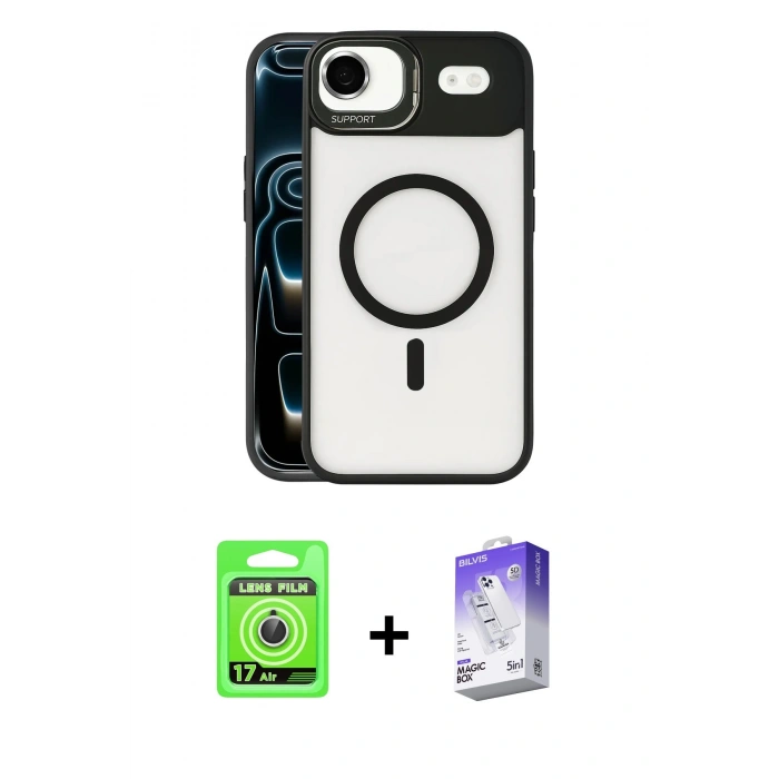 MARSİLYAN™- iPhone 17 Air Kılıf Yadigar Asil Koleksiyonu - Siyah Bilvis 5in1 3D Magic Cam Ekran Koruyucu + Raze Metal Kamera Lens - GS
