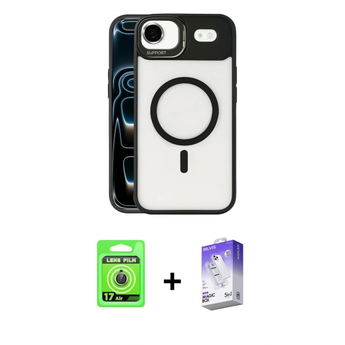 MARSİLYAN™- iPhone 17 Air Kılıf Yadigar Asil Koleksiyonu - Siyah Bilvis 5in1 3D Magic Cam Ekran Koruyucu + Raze Metal Kamera Lens - GD