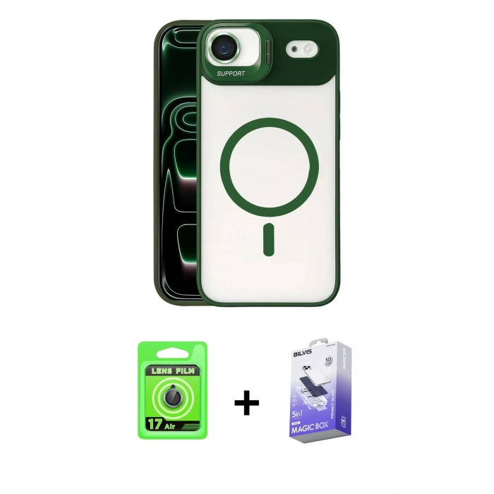 MARSİLYAN™- iPhone 17 Air Kılıf Yadigar Asil Koleksiyonu - Siyah Bilvis 5in1 5D Magic Hayalet Cam Ekran Koruyucu + Mavi Raze Metal Kamera Lens