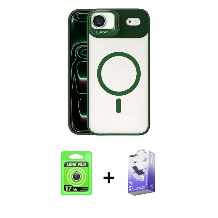 MARSİLYAN™- iPhone 17 Air Kılıf Yadigar Asil Koleksiyonu - Siyah Bilvis 5in1 5D Magic Hayalet Cam Ekran Koruyucu + Raze Metal Kamera Lens - GS