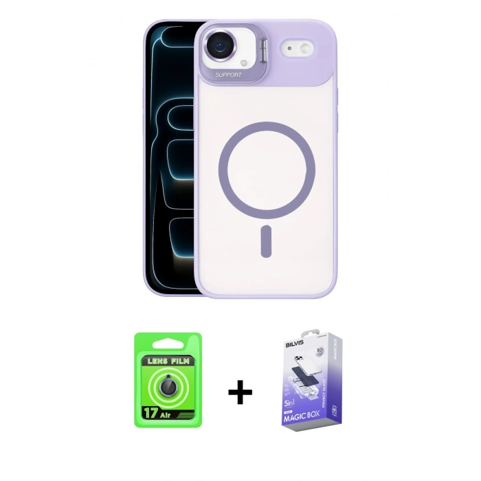 MARSİLYAN™- iPhone 17 Air Kılıf Yadigar Asil Koleksiyonu - Siyah Bilvis 5in1 5D Magic Hayalet Cam Ekran Koruyucu + Mavi Raze Metal Kamera Lens