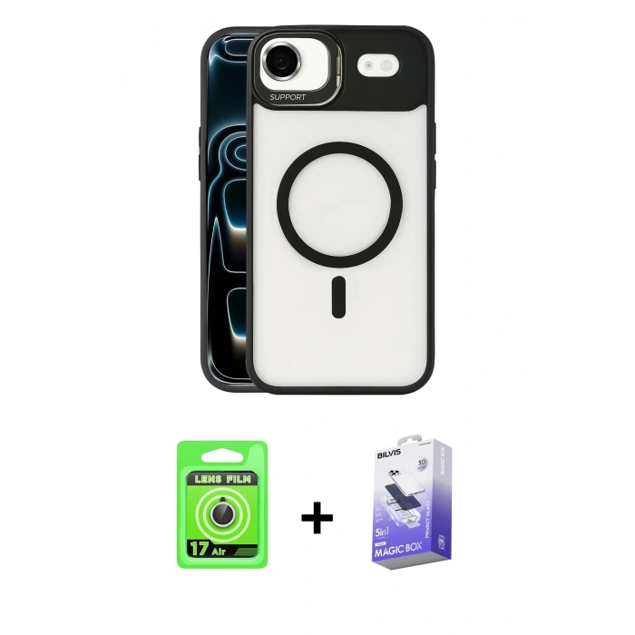 MARSİLYAN™- iPhone 17 Air Kılıf Yadigar Asil Koleksiyonu - Siyah Bilvis 5in1 5D Magic Hayalet Cam Ekran Koruyucu + Raze Metal Kamera Lens - GS