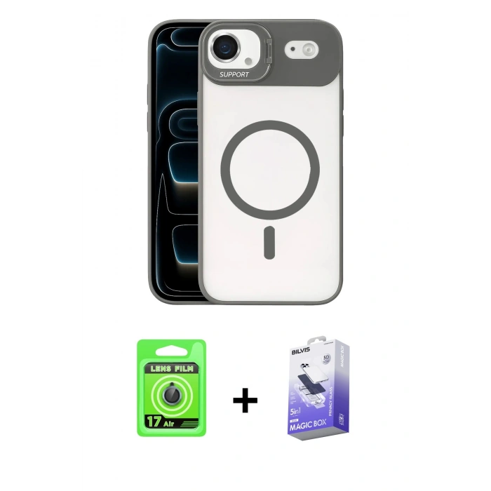 MARSİLYAN™- iPhone 17 Air Kılıf Yadigar Asil Koleksiyonu - Siyah Bilvis 5in1 5D Magic Hayalet Cam Ekran Koruyucu + Mavi Raze Metal Kamera Lens