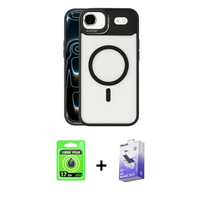 MARSİLYAN™- iPhone 17 Air Kılıf Yadigar Asil Koleksiyonu - Siyah Bilvis 5in1 5D Magic Hayalet Cam Ekran Koruyucu + Mavi Raze Metal Kamera Lens