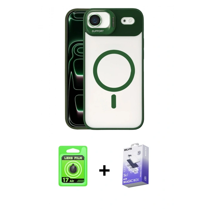 MARSİLYAN™- iPhone 17 Air Kılıf Yadigar Asil Koleksiyonu - Siyah Bilvis 5in1 5D Magic Hayalet Cam Ekran Koruyucu + Raze Metal Kamera Lens - SH