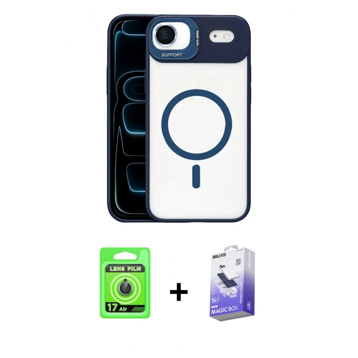 MARSİLYAN™- iPhone 17 Air Kılıf Yadigar Asil Koleksiyonu - Siyah Bilvis 5in1 5D Magic Hayalet Cam Ekran Koruyucu + Mavi Raze Metal Kamera Lens