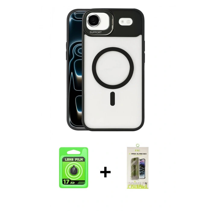MARSİLYAN™- iPhone 17 Air Kılıf Yadigar Asil Koleksiyonu - Siyah Joko Magic 5D Hayalet Cam + Raze Metal Kamera Lens - SH