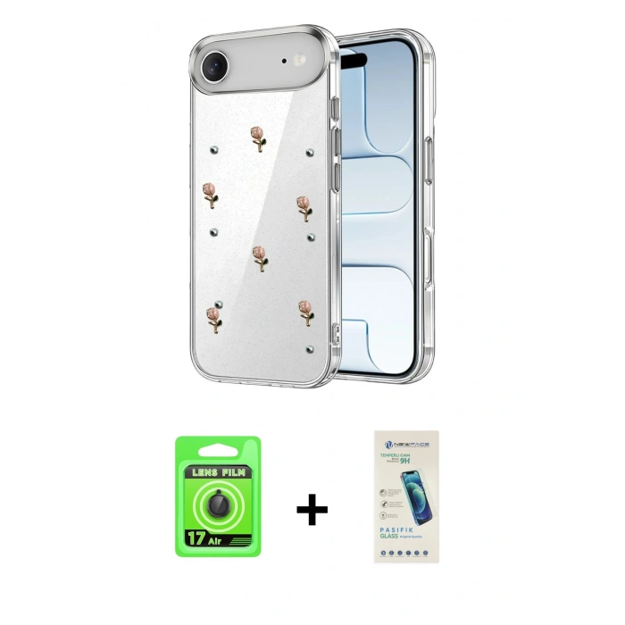 MARSİLYAN™- iPhone 17 Air Kılıf Yörünge Form - Şeffaf Pasifik Cam Ekran Koruyucu + Raze Metal Kamera Lens - SH
