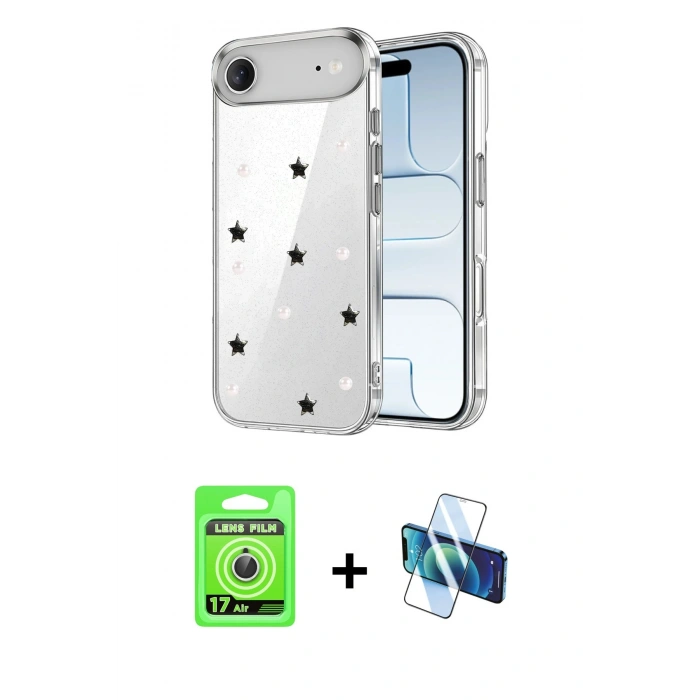 MARSİLYAN™- iPhone 17 Air Kılıf Yörünge Form - Siyah 3D Antistatik Seramik Nano Ekran Koruyucu + Raze Metal Kamera Lens - GS