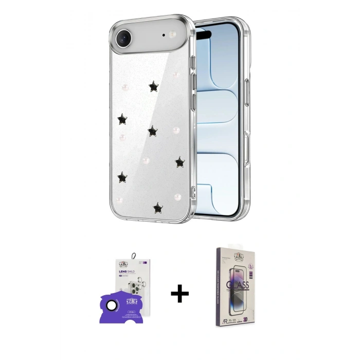 MARSİLYAN™- iPhone 17 Air Kılıf Yörünge Form - Siyah Bilvis 3D Cam Ekran Koruyucu + Bilvis Titan Kamera Lens - SH