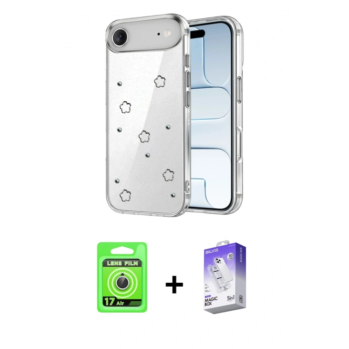 MARSİLYAN™- iPhone 17 Air Kılıf Yörünge Form - Siyah Bilvis 5in1 3D Magic Cam Ekran Koruyucu + Raze Metal Kamera Lens - GS