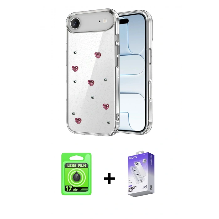 MARSİLYAN™- iPhone 17 Air Kılıf Yörünge Form - Siyah Bilvis 5in1 3D Magic Cam Ekran Koruyucu + Raze Metal Kamera Lens - SH