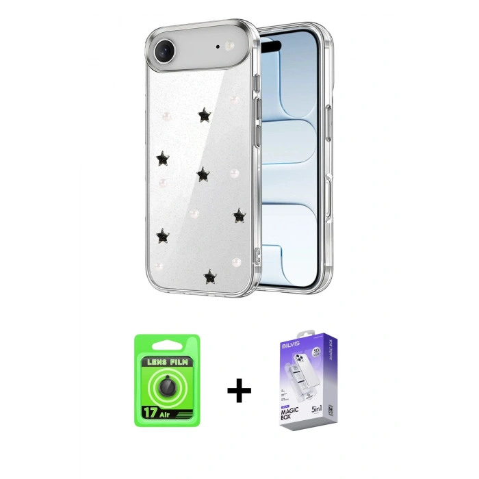 MARSİLYAN™- iPhone 17 Air Kılıf Yörünge Form - Siyah Bilvis 5in1 3D Magic Cam Ekran Koruyucu + Raze Metal Kamera Lens - SH