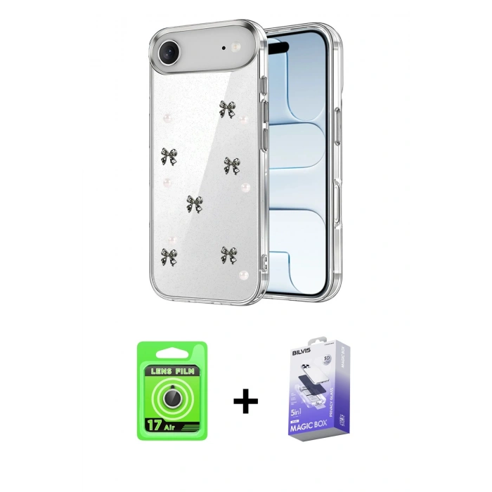 MARSİLYAN™- iPhone 17 Air Kılıf Yörünge Form - Siyah Bilvis 5in1 5D Magic Hayalet Cam Ekran Koruyucu + Raze Metal Kamera Lens - GS