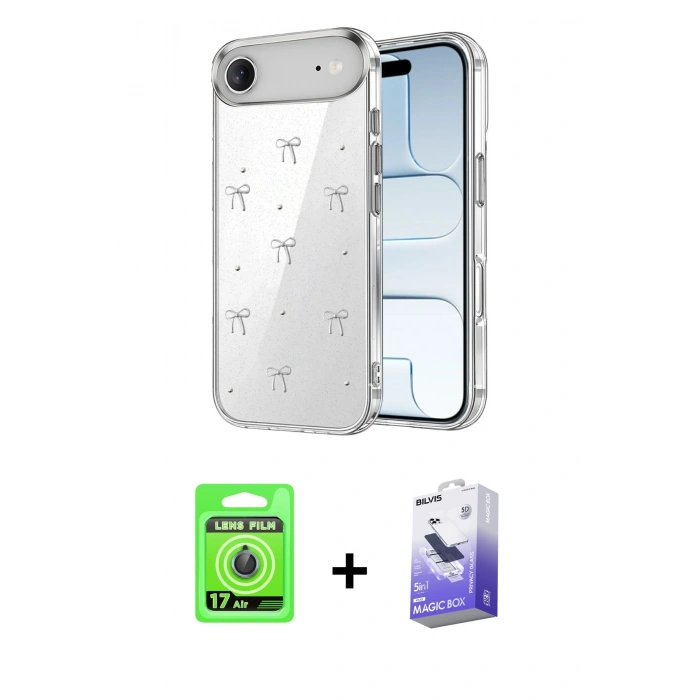 MARSİLYAN™- iPhone 17 Air Kılıf Yörünge Form - Siyah Bilvis 5in1 5D Magic Hayalet Cam Ekran Koruyucu + Raze Metal Kamera Lens - MI