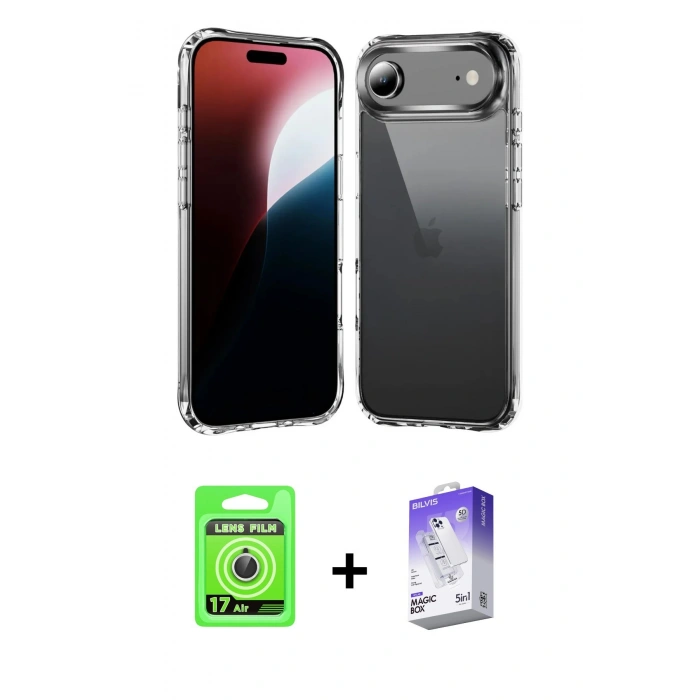 MARSİLYAN™- iPhone 17 Air Kılıf Zirve Doku - Siyah Bilvis 5in1 3D Magic Cam Ekran Koruyucu + Raze Metal Kamera Lens - GS