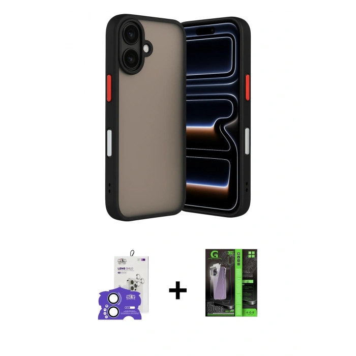 MARSİLYAN™- iPhone 17 Kılıf Ahenk Çizgi Serisi - Siyah 360 Mat Full Body Arka Koruyucu + Bilvis Titan Kamera Lens - AKMI