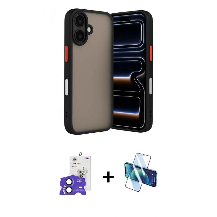 MARSİLYAN™- iPhone 17 Kılıf Ahenk Çizgi Serisi - Siyah 3D Antistatik Cam Ekran Koruyucu + Bilvis Titan Kamera Lens - SH