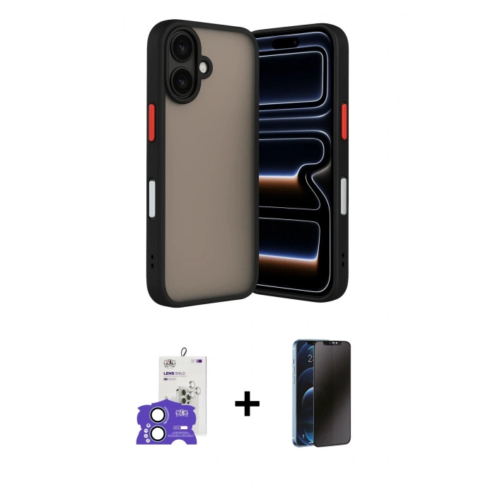 MARSİLYAN™- iPhone 17 Kılıf Ahenk Çizgi Serisi - Siyah 3D Antistatik Hayalet Cam Ekran Koruyucu + Bilvis Titan Kamera Lens - AKMI
