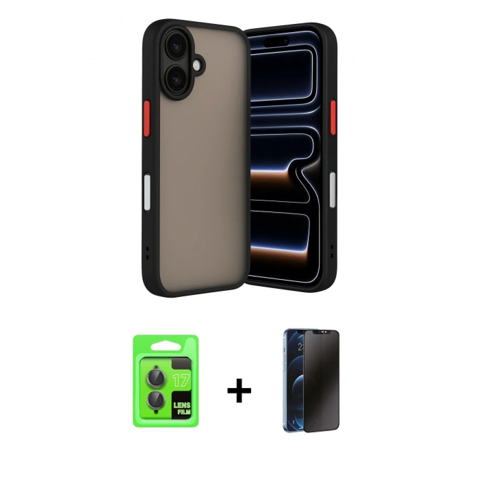 MARSİLYAN™- iPhone 17 Kılıf Ahenk Çizgi Serisi - Siyah 3D Antistatik Hayalet Cam Ekran Koruyucu + Raze Metal Kamera Lens - GI