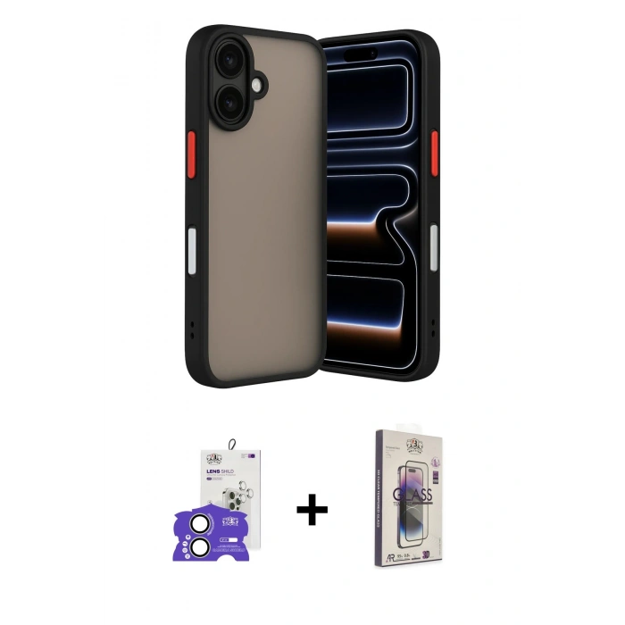 MARSİLYAN™- iPhone 17 Kılıf Ahenk Çizgi Serisi - Siyah Bilvis 3D Cam Ekran Koruyucu + Bilvis Titan Kamera Lens - AKYL