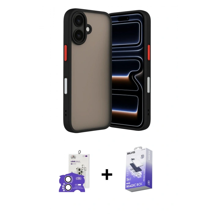 MARSİLYAN™- iPhone 17 Kılıf Ahenk Çizgi Serisi - Siyah Bilvis 5in1 5D Magic Hayalet Cam Ekran Koruyucu + Lila Bilvis Titan Kamera Lens