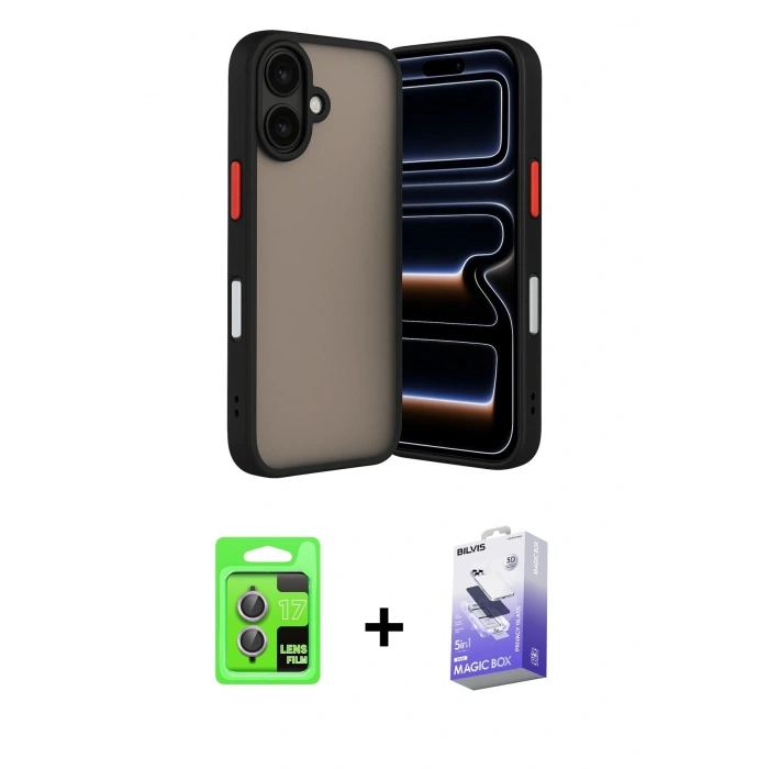 MARSİLYAN™- iPhone 17 Kılıf Ahenk Çizgi Serisi - Siyah Bilvis 5in1 5D Magic Hayalet Cam Ekran Koruyucu + Raze Metal Kamera Lens - AKMR