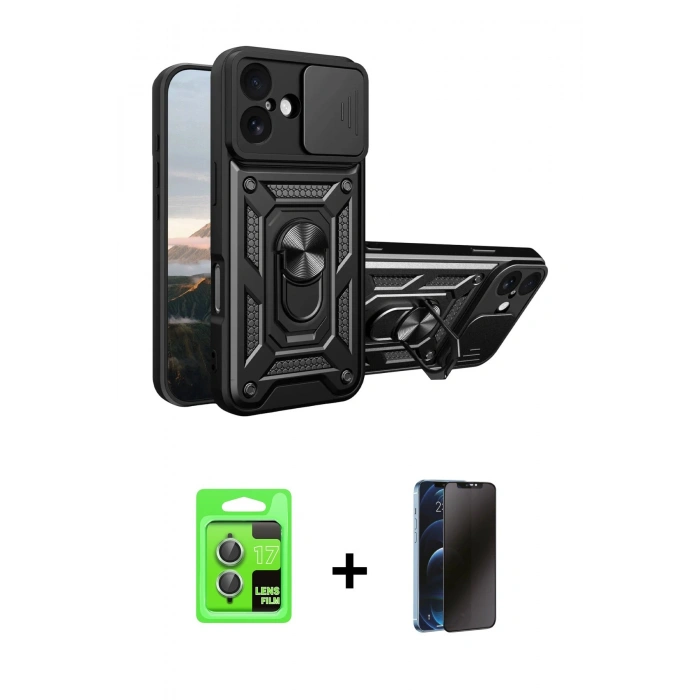 MARSİLYAN™- iPhone 17 Kılıf Ahenk Klasik - Siyah 3D Antistatik Hayalet Cam Ekran Koruyucu + Raze Metal Kamera Lens - AKYL
