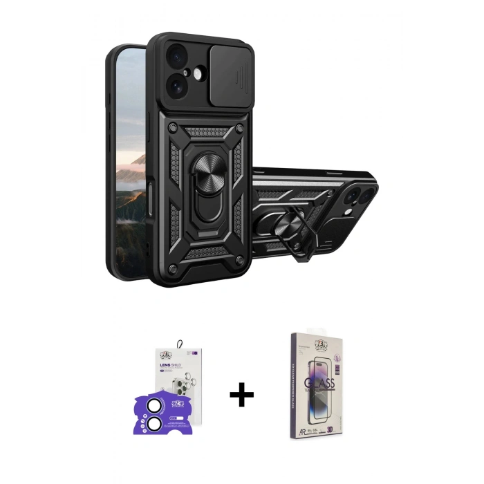 MARSİLYAN™- iPhone 17 Kılıf Ahenk Klasik - Siyah Bilvis 3D Cam Ekran Koruyucu + Bilvis Titan Kamera Lens - AKMI