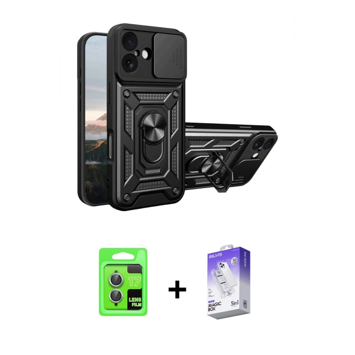 MARSİLYAN™- iPhone 17 Kılıf Ahenk Klasik - Siyah Bilvis 5in1 3D Magic Cam Ekran Koruyucu + Açık Mavi Raze Metal Kamera Lens