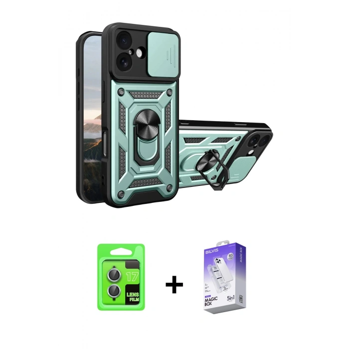 MARSİLYAN™- iPhone 17 Kılıf Ahenk Klasik - Siyah Bilvis 5in1 3D Magic Cam Ekran Koruyucu + Açık Mavi Raze Metal Kamera Lens