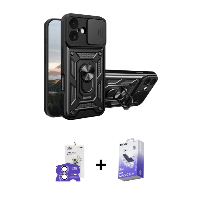 MARSİLYAN™- iPhone 17 Kılıf Ahenk Klasik - Siyah Bilvis 5in1 5D Magic Hayalet Cam Ekran Koruyucu + Bilvis Titan Kamera Lens - GS
