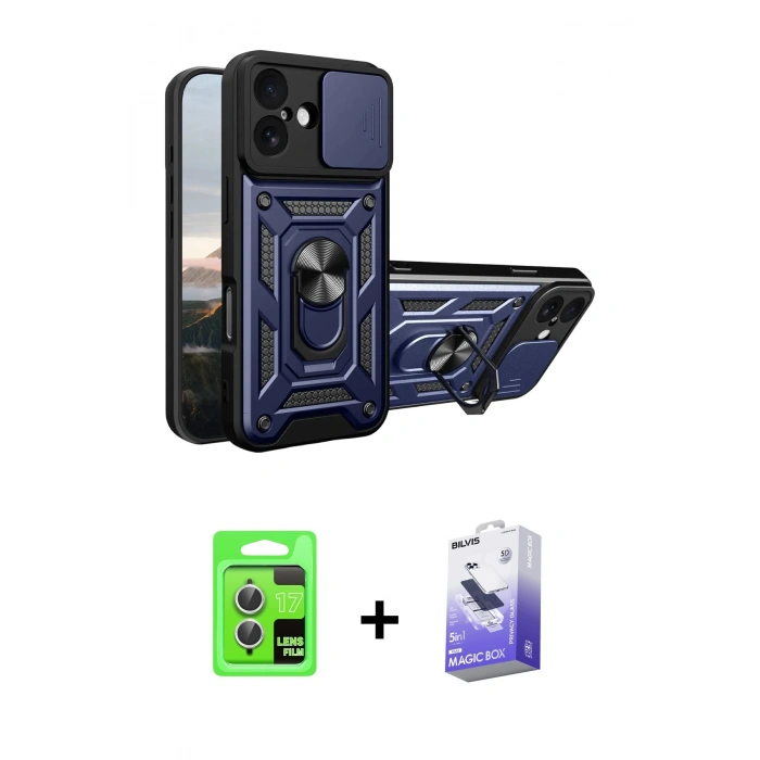 MARSİLYAN™- iPhone 17 Kılıf Ahenk Klasik - Siyah Bilvis 5in1 5D Magic Hayalet Cam Ekran Koruyucu + Raze Metal Kamera Lens - GS