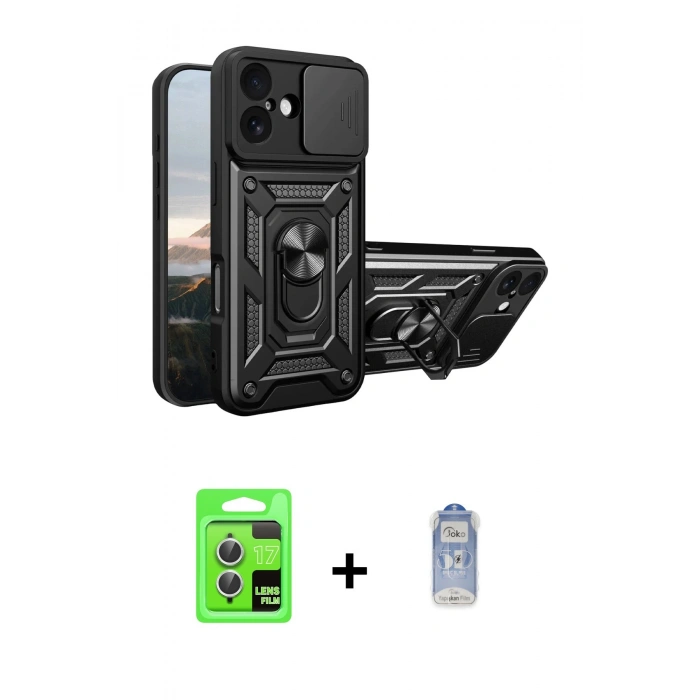 MARSİLYAN™- iPhone 17 Kılıf Ahenk Klasik - Siyah Joko Magic 5D Cam + Gümüş Raze Metal Kamera Lens