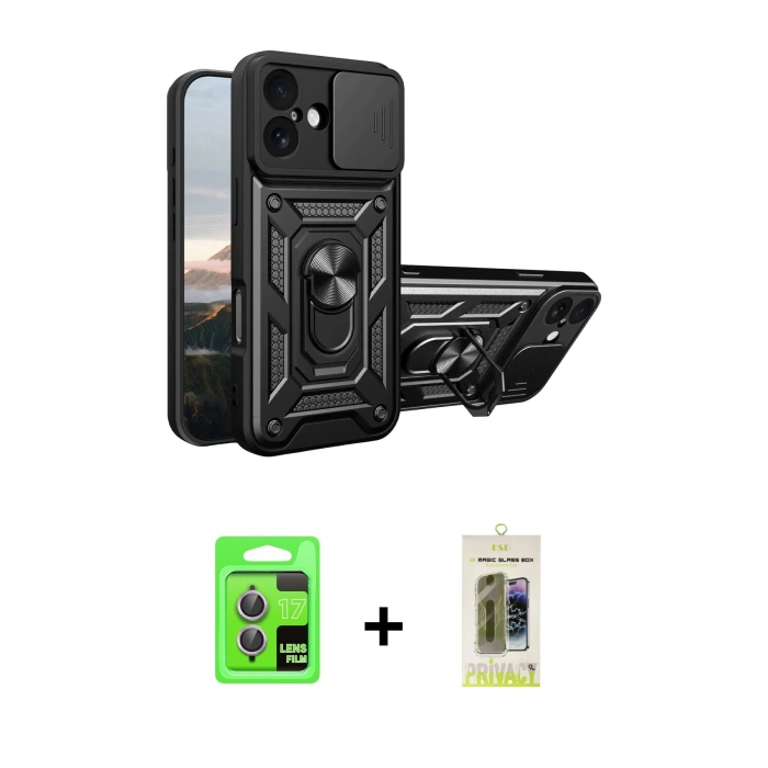 MARSİLYAN™- iPhone 17 Kılıf Ahenk Klasik - Siyah Joko Magic 5D Hayalet Cam + Raze Metal Kamera Lens - AKMR