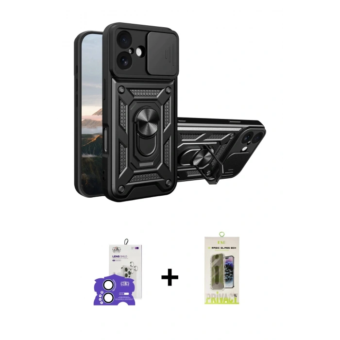 MARSİLYAN™- iPhone 17 Kılıf Ahenk Klasik - Siyah Joko Magic 5D Hayalet Cam + Bilvis Titan Kamera Lens - AKMI