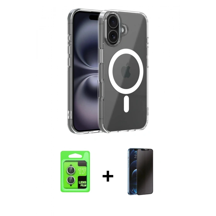 MARSİLYAN™- iPhone 17 Kılıf Ahenk Minimal Serisi - Siyah 3D Antistatik Hayalet Cam Ekran Koruyucu + Raze Metal Kamera Lens - AKYL