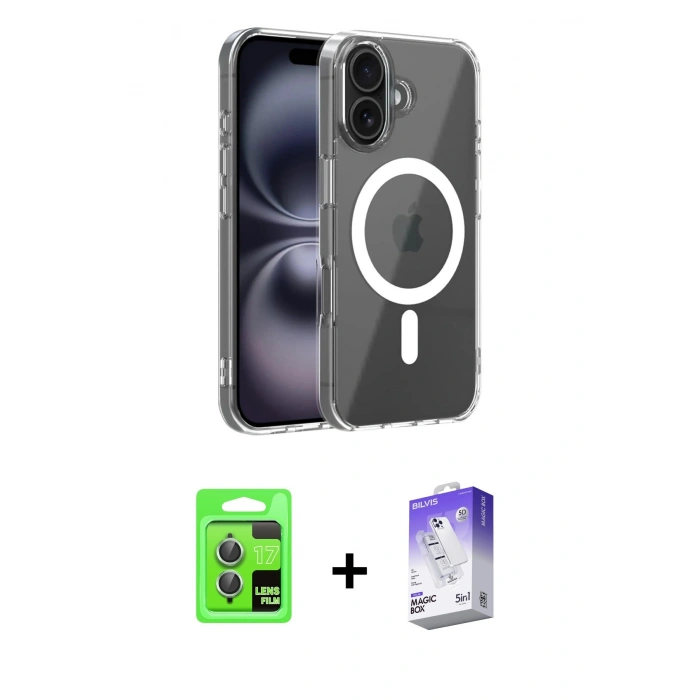 MARSİLYAN™- iPhone 17 Kılıf Ahenk Minimal Serisi - Siyah Bilvis 5in1 3D Magic Cam Ekran Koruyucu + Açık Yeşil Raze Metal Kamera Lens