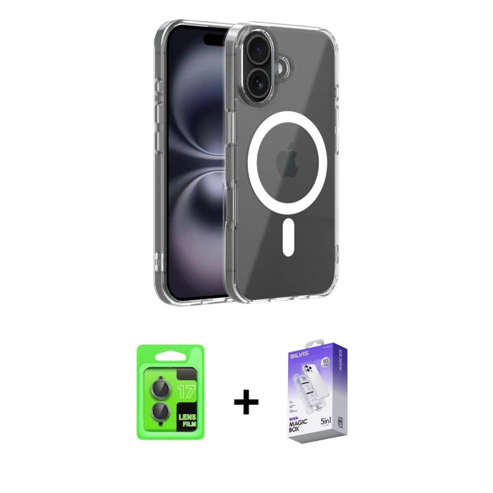 MARSİLYAN™- iPhone 17 Kılıf Ahenk Minimal Serisi - Siyah Bilvis 5in1 3D Magic Cam Ekran Koruyucu + Raze Metal Kamera Lens - GI