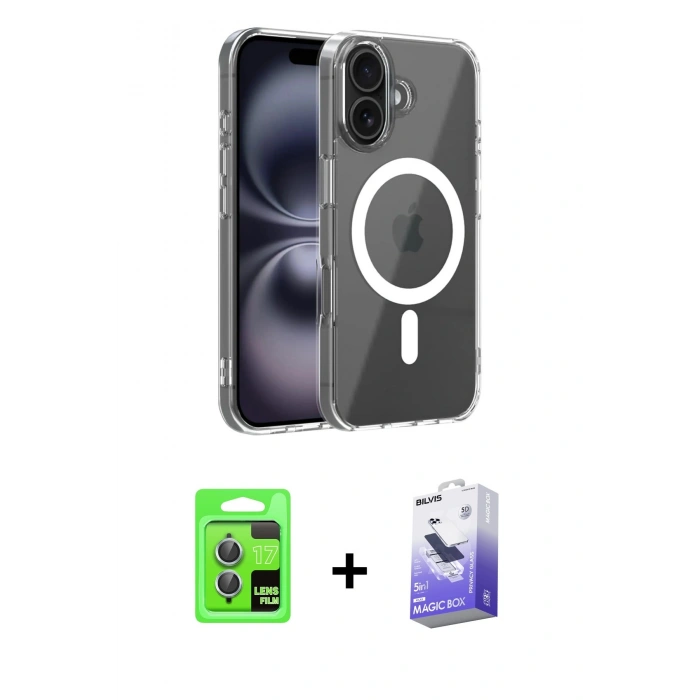 MARSİLYAN™- iPhone 17 Kılıf Ahenk Minimal Serisi - Siyah Bilvis 5in1 5D Magic Hayalet Cam Ekran Koruyucu + Raze Metal Kamera Lens - AKMI